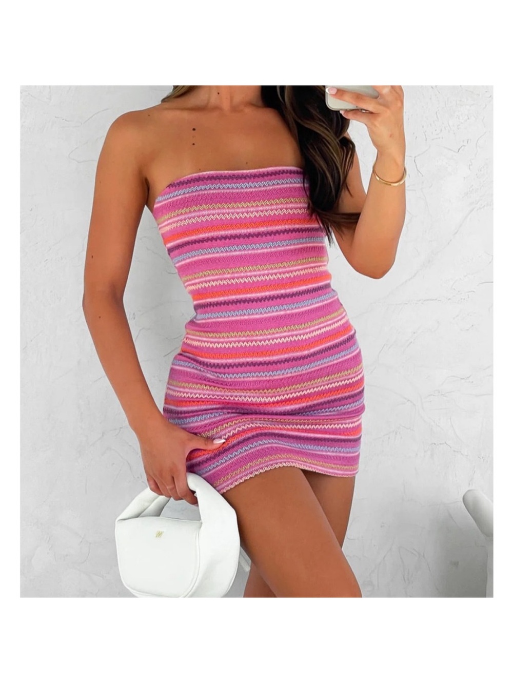 White Fox Boutique Pink Multi-Stripe Strapless Knit Mini Dress